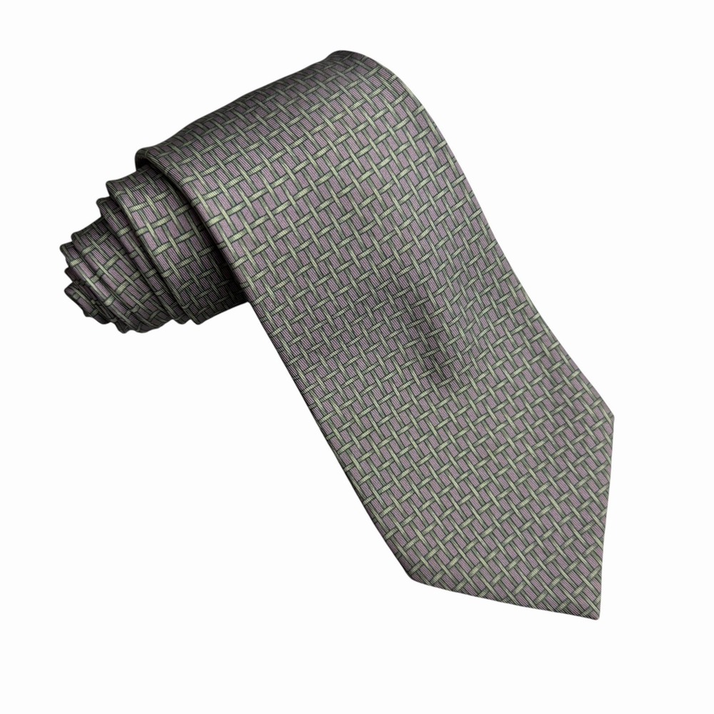 Hermes Mens Tie Basketweave Print Purple/Green Silk 88 HA 3.75" (W) x 63.25" (L) - Picture 2 of 5